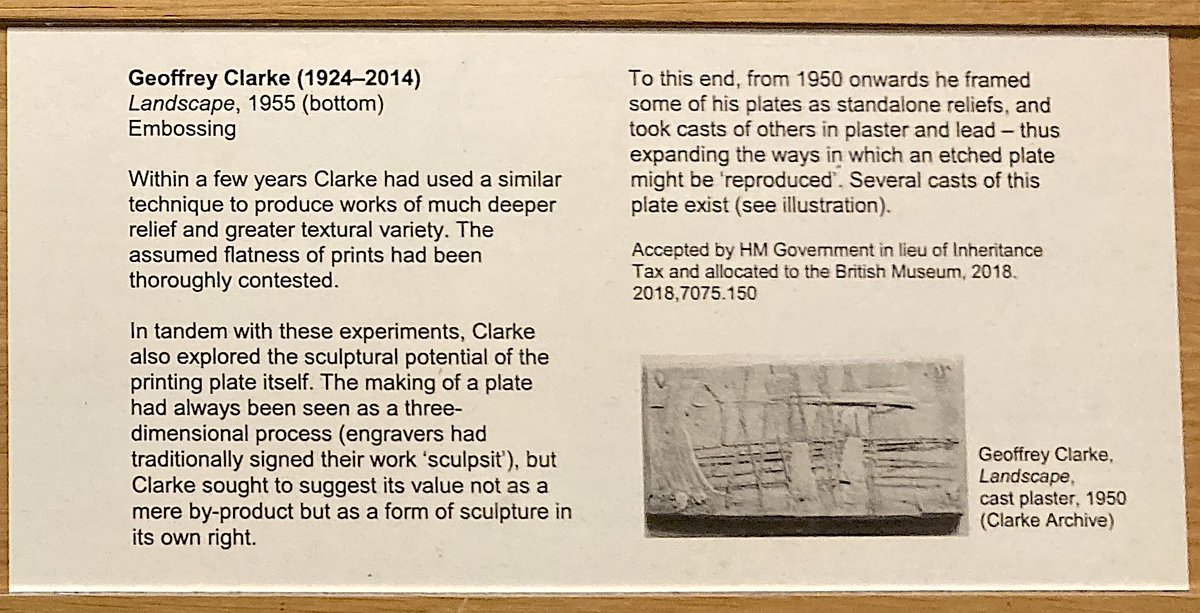 KateLAspinall's tweet photo. #GeoffreyClarke's 'Landscape' of 1955, an #embossing on display in the Prints & Drawing Gallery of @britishmuseum: fascinated with how he (one of #HerbertRead's 'geometry of fear' #sculptors) experimented with the sculptural potential of pressing plates into paper...Stunning! https://t.co/I84E7IpJGa