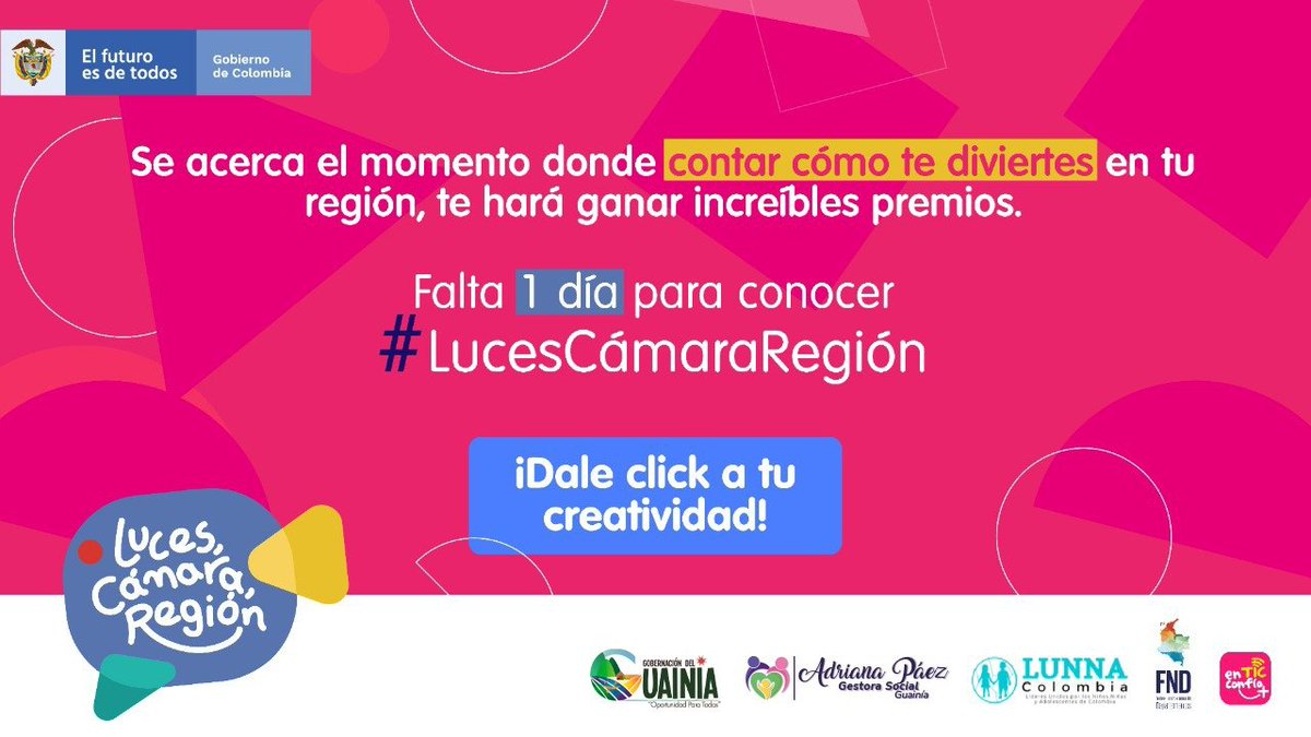 Gobernación Del Guainía (@guainia_gober) on Twitter photo ¡MAÑANA es el día! Los adolescentes tendrán una nueva oportunidad para compartir aquello que les encanta. ¡Porqué jugar puede ser más divertido con la apropiación digital! @ConsejeriaNinez, <a href="/FNDCol/">FND - Federación Nacional de Departamentos</a>, <a href="/Ministerio_TIC/">Ministerio TIC</a> y <a href="/lunnacolombia/">LUNNA | Líderes Unidos por los NNA de Colombia</a> quieren premiarlo #LucesCámaraRegión💡📷🇨🇴 ¡MAÑANA es el día! Los adolescentes tendrán una nueva oportunidad para compartir aquello que les encanta. ¡Porqué jugar puede ser más divertido con la apropiación digital! @ConsejeriaNinez, <a href="/FNDCol/">FND - Federación Nacional de Departamentos</a>, <a href="/Ministerio_TIC/">Ministerio TIC</a> y <a href="/lunnacolombia/">LUNNA | Líderes Unidos por los NNA de Colombia</a> quieren premiarlo #LucesCámaraRegión💡📷🇨🇴