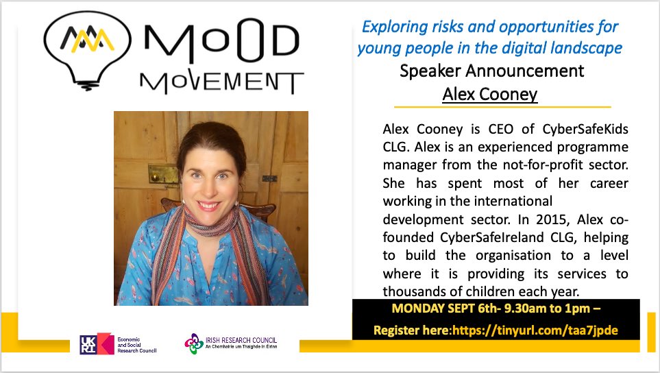 Mood Movement Network (@mood_movement) on Twitter photo First speaker announcement for our last <a href="/Mood_Movement/">Mood Movement Network</a> event: Alex Cooney, CEO of <a href="/CyberSafeKidsIE/">CyberSafeKids</a>, will join us to talk about the opportunities and risks that young people face #Online!
Interested? Subscribe here: eventbrite.ie/e/practice-and… First speaker announcement for our last <a href="/Mood_Movement/">Mood Movement Network</a> event: Alex Cooney, CEO of <a href="/CyberSafeKidsIE/">CyberSafeKids</a>, will join us to talk about the opportunities and risks that young people face #Online!
Interested? Subscribe here: eventbrite.ie/e/practice-and…