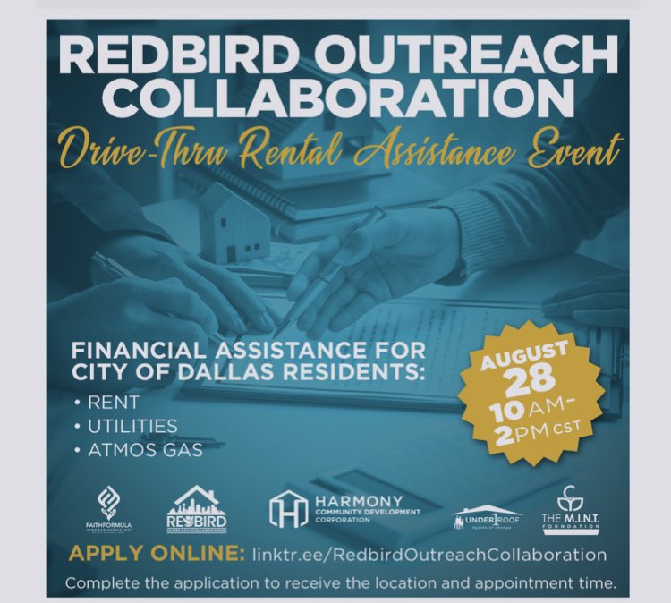 TamikaJ37's tweet photo. They are hosting a drive thru rental assistance event on Saturday, August 28th!
 
If you or anyone you know that's a CITY OF DALLAS RESIDENT that needs assistance with rent, electricity, water, or gas please share this with them. 
 
To apply visit https://t.co/3OobKCxeGL https://t.co/mABtdasPrP