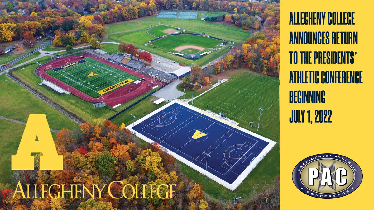 alleghenycol's tweet photo. We're excited to share that Allegheny College will re-enter the Presidents’ Athletic Conference (PAC) as the league’s 11th full-time member, effective July 1, 2022. Read more: https://t.co/XxpSGxHBBu https://t.co/hRStoESntP