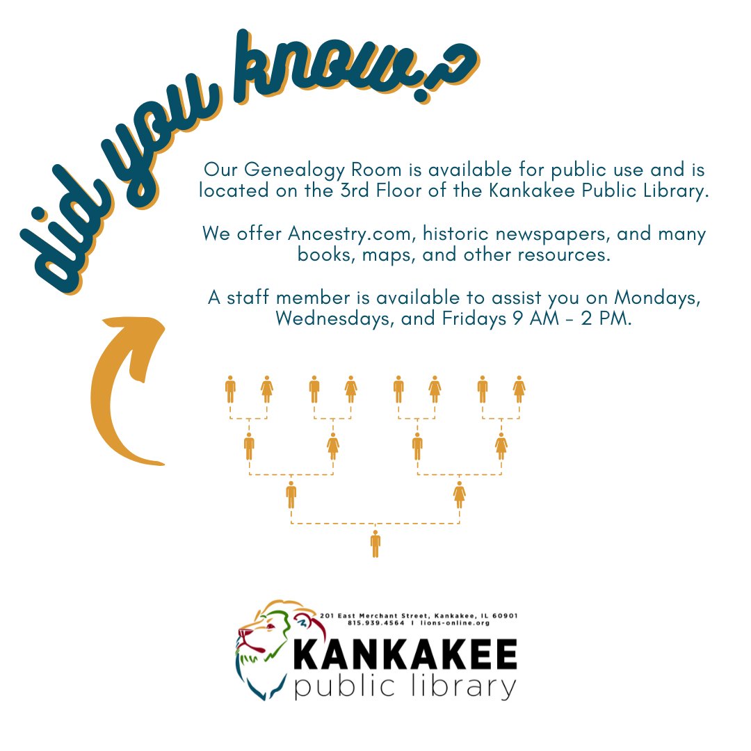 KankakeeLibrary's tweet image. We LOVE having a Genealogy Room here at the #KankakeePublicLibrary, and we are excited to offer amazing resources for you to use in your historic research. Stop in and see us! #KankakeeHistory #KankakeeGenealogy