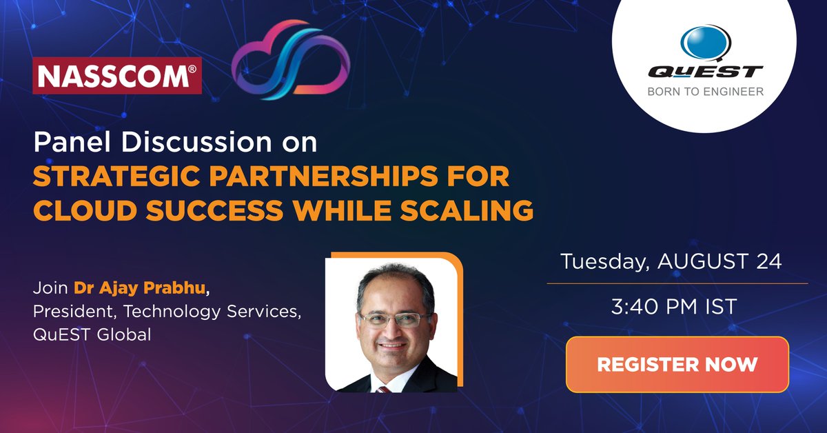 Quest_Global's tweet photo. Join Dr @AjayPrabhuQuEST , as he moderates a panel discussion on ‘Strategic Partnerships for Cloud Success While Scaling’ at the @nasscom  #CloudSummit 
 
Click to Register - https://t.co/InwH65EApU

#BornToEngineer #cloudcomputing #QuEST https://t.co/Y3FFzt293H