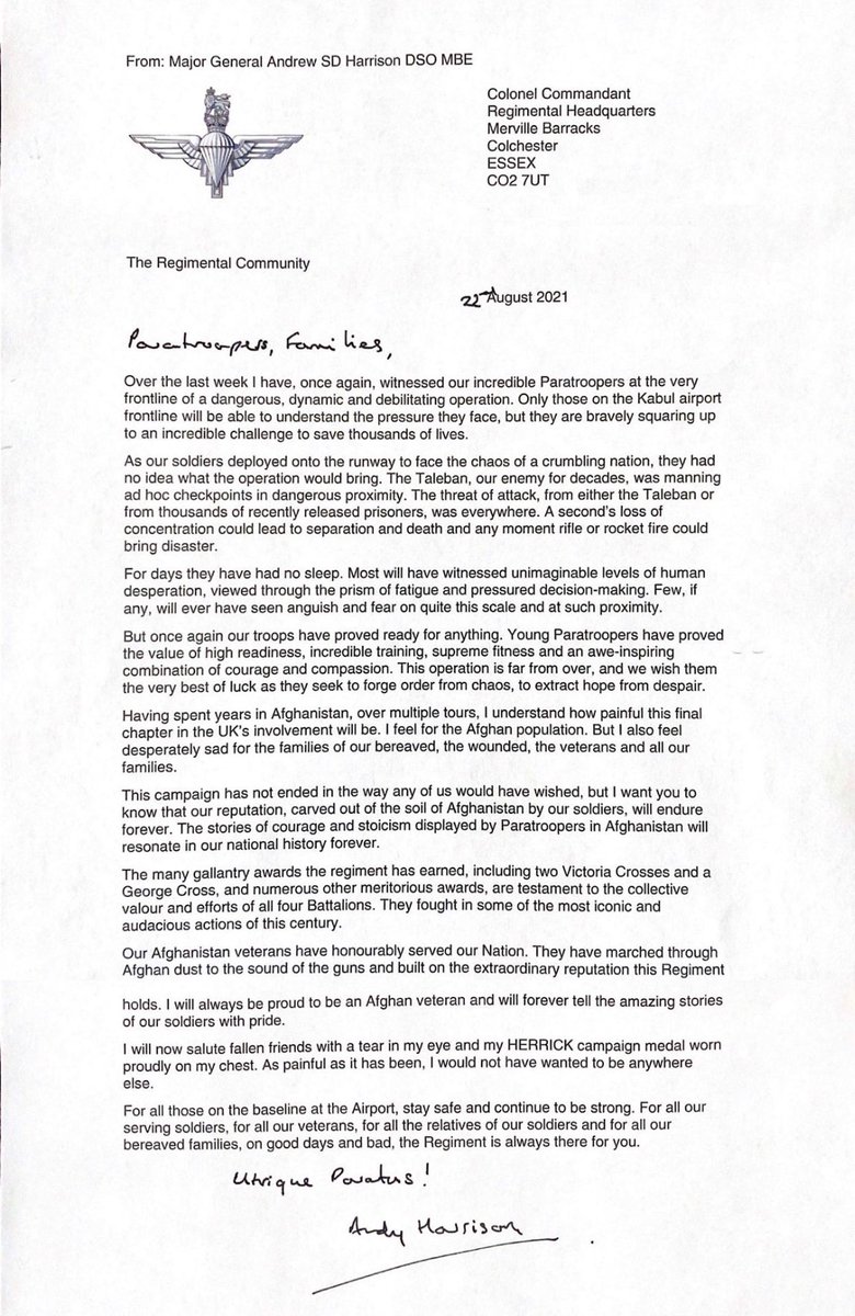 TheParachuteReg's tweet photo. A letter regarding Afghanistan from the the Colonel Commandant to the Regimental Family: serving, veteran, their families and next of kin.
#UtinqueParatus https://t.co/3YpEWNpItl