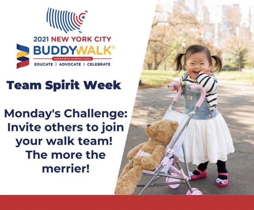 It’s time to kick-off Team Spirit Week 2021! Today’s challenge is all about getting your friends and family to join your walk team. The team captain who recruits the most new members online tonight by 11:59pm will win a special prize. and be recognized! give.ndss.org/2021NYCBW