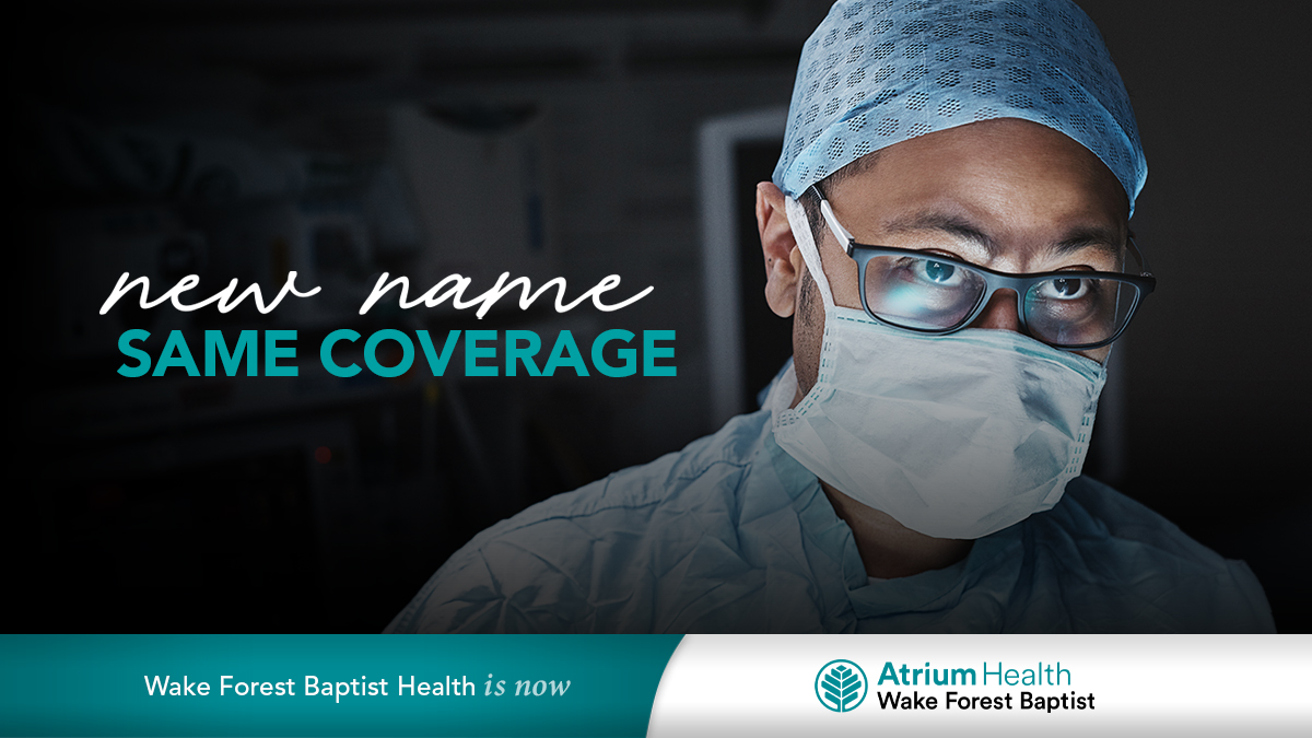 New name. Same coverage. @AtriumHealth Wake Forest Baptist will continue to accept the same insurance/payer plans we currently accept. While our name has changed to signify our combined enterprise, who we are at the core remains the same ➡️ wakehealth.edu/atriumhealth