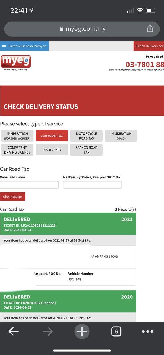 Delivery status road tax myeg Don't Renew