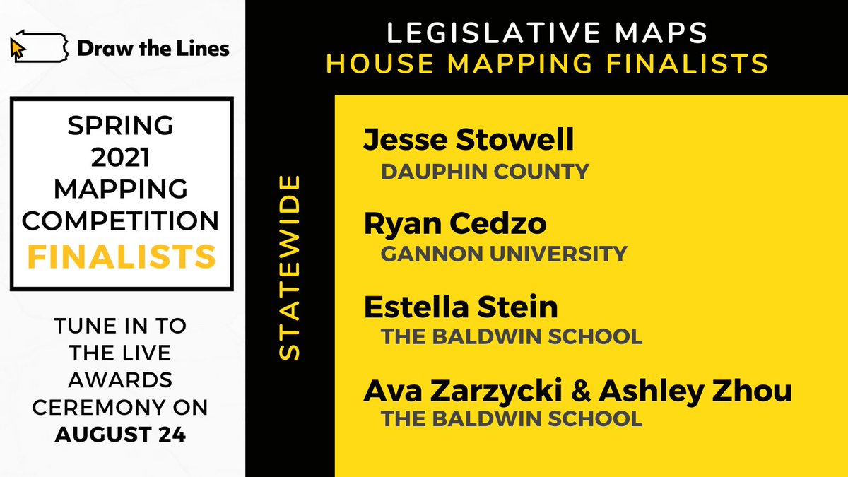 DrawTheLinesPA's tweet image. Announcing the statewide #MappingCompetition finalists for legislative House district maps! Great job and congrats to all the finalists.

The winning honorees will be announced tomorrow at the virtual awards ceremony! Register to join us here: bit.ly/DTL-Awards