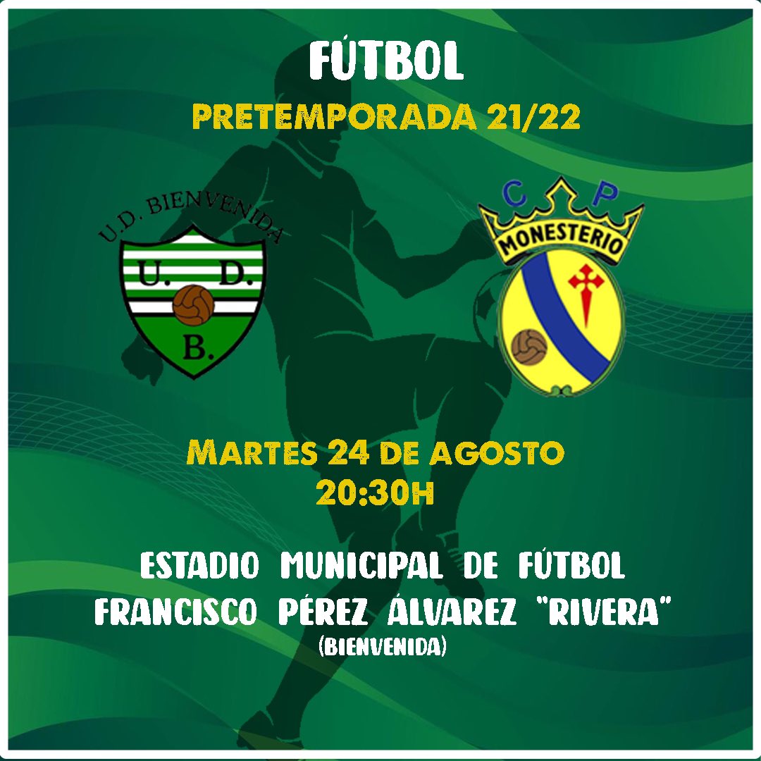 🚨👉🏽 Mañana jugamos nuestro 2️⃣ partido de pretemporada con nuestros vecinos de Bienvenida: 

🆚 <a href="/UD_Bienvenida/">UD Bienvenida</a> 
📅 24/8/2021
🏟 Francisco Perez Alvarez “Rivera”
⌚ 20:30h 

#PretemporadaCPM 💛