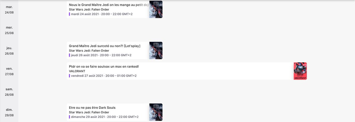 On m'annonce dans l'oreillette que le planning de la semaine est up ! ⏰

📢Au programme la suite du let's play Fallen Order et du skill pur sur Valorant (on essaye !)📢

Début des hostilités mardi à 20h juste ici twitch.tv/thyr_tv 🔗

Have a great week les boys ! 🕶️