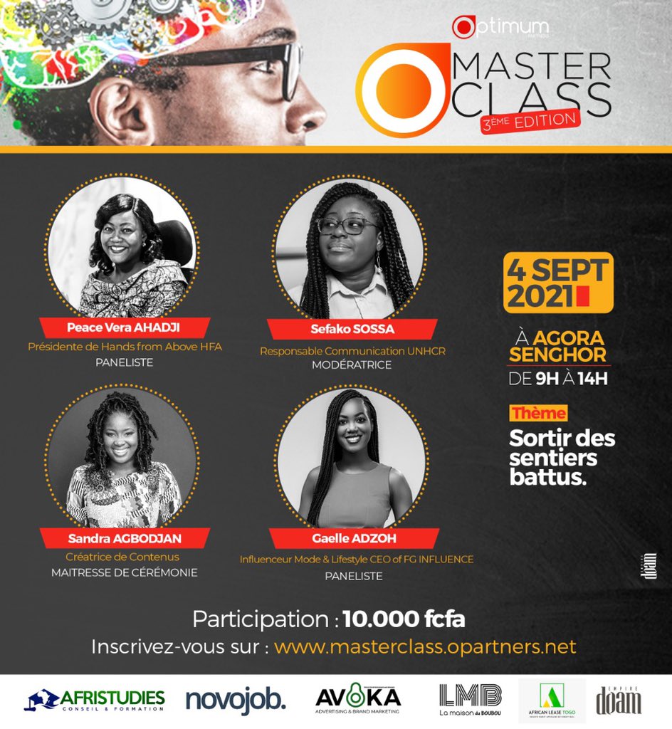 OptiPartners's tweet photo. Retrouvez ces 4 Talentueuses dames 
- Peace Vera AHADJI de @SanteMentaleTG 
- @SossaSefako 
- @adzoh08 
- @sandramarilyne 

sur notre Masterclass du 04 Septembre 2021.

Inscriptions sur https://t.co/aqlJWVgplf https://t.co/0jW3Ppgtoj