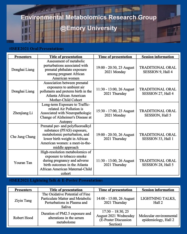 #isee2021 starts today and we are excited to present our work on #AirPollution, #PFAS,#Phthalates,#Exposome and #MaternalChildHealth <a href="/ISEE_global/">ISEE Env Epi</a> .
Here are the #ISEE2021 presentations by members of the Environmental Metabolomics Research Group <a href="/EmoryRollins/">Emory Public Health</a>  and <a href="/EmoryHERCULES/">HERCULES</a> .