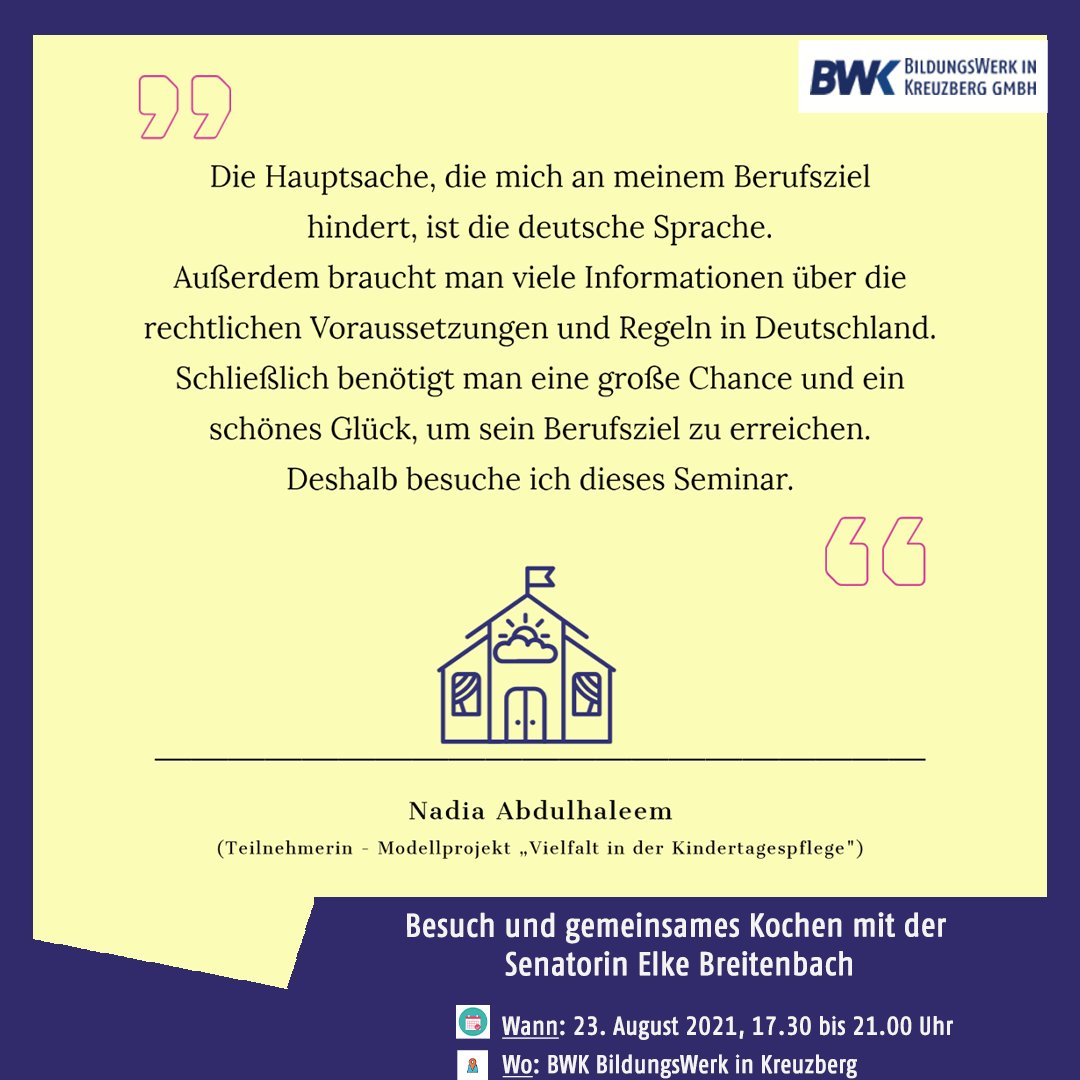 Ein gegenseitiges Kennenlernen, der Austausch zwischen unterschiedlichen Kulturen und zusammen Kochen &amp; Essen stehen heute auf dem BWK Tagesprogramm.😊🙌 Wir freuen uns auf den Besuch der Senatorin Frau <a href="/ElkeBreitenbach/">Elke Breitenbach</a> .

ℹ️Weitere Infos: bwk-berlin.de/termine-neuigk…