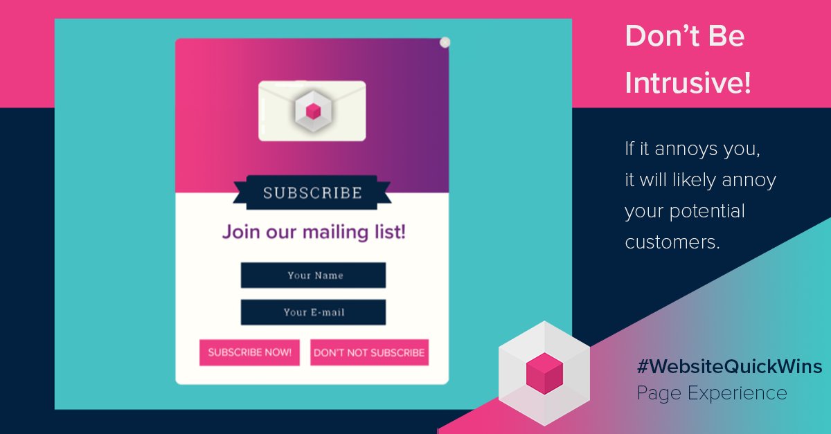 20_eighty's tweet photo. Newsflash: Google wants you to stop being annoying. 

You know those irritating pop-ups you hate on other websites? Yep, your customers hate them too.

Jon talks about Google's stance on "intrusive interstitials" in our latest webinar. Check out the recap: https://t.co/wlctPMp7MP https://t.co/iy3m8P0l0C