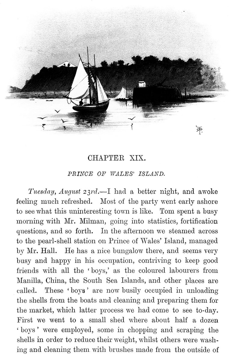 AnnieBrassey's tweet photo. Sunbeam, Prince of Wales Island [#Muralag], Torres Strait, #Queensland, #Australia, 23.8.1887. "Besides this heavy dress, #divers wear a belt with a large knife stuck into it, to cut themselves free from any obstacle their ropes may foul of..." #Brassey #History #Travel #1880s https://t.co/KTcLaRN2cc