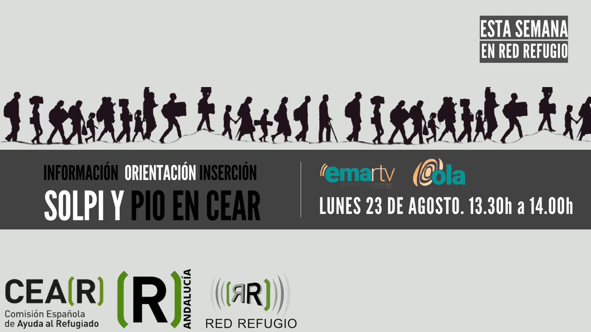 CEAR_Andalucia's tweet photo. 📻 En #RedRefugio hablamos de Información, Orientación e Inserción en el marco de los proyectos #SOLPI y #PIO gestionados por CEAR en #Sevilla y #Malaga 

🕜 ¡¡Empezamos en 15 minutos!! Sintonízanos en @ondalocalemartv aquí ▶ https://t.co/D1i7UTi70O https://t.co/4Y73mu2HFF