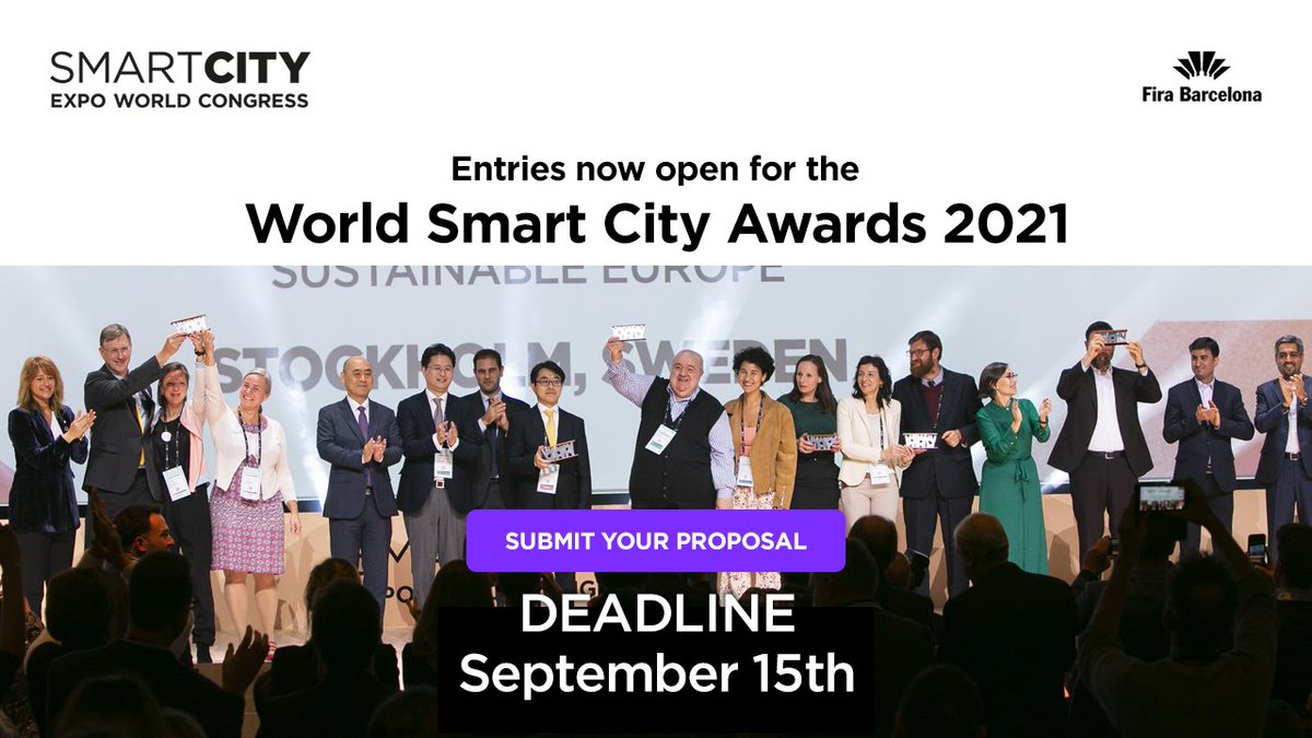 SmartCityexpo's tweet photo. 📣 #CallForAwards! Do you want to place your work in the spotlight and gain global recognition at #SCEWC21?
The #WorldSmartCityAwards honor innovative city strategies, projects & ideas that can make an impact on citizens’ lives.
📆Apply before 15 SEP! ➡️ https://t.co/VmixIu2TRu https://t.co/Y423He6ot0