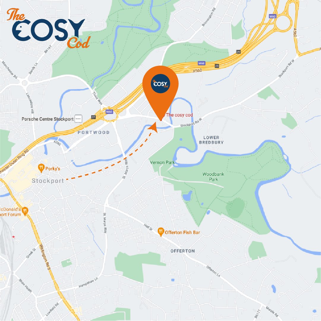 The Cosy Cod is 8 min away from the peel centre. We are a go-to place for fresh and decent seafood at affordable prices. 😉Our goal is to bring good memories for you and your loved one :)
​
​#buylocal #fishandchips #fishonfriday #fridayfishfry #friedfish #britishfood #stockport