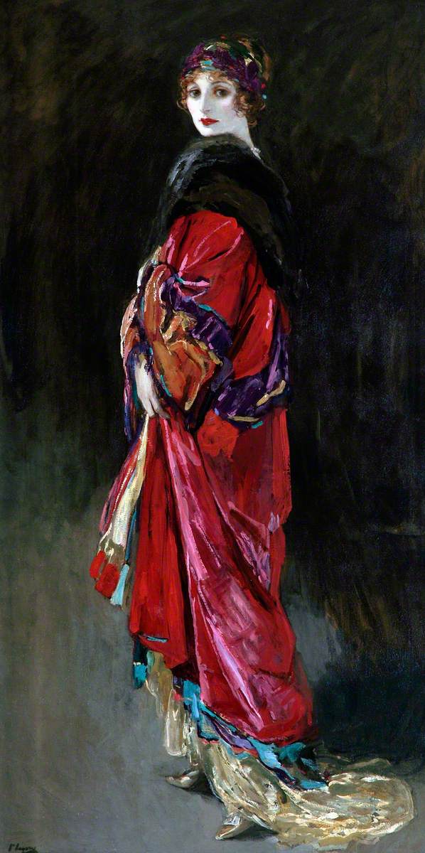 Hazel in Rose and Gold, John Lavery, 1918 This work by Lavery is of his second wife Hazel who he used frequently to model for his paintings. Hazel was depicted in over 400 of her husbands paintings.