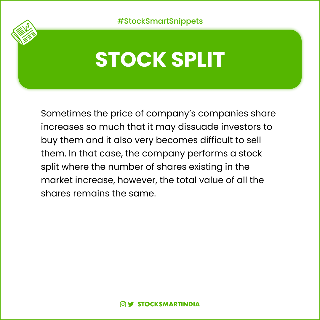 StockSmartIndia's tweet photo. Stock Split - What is a Stock split and What companies split their stocks?
.
.
Follow @StockSmartIndia for daily dose of information Rocket
.
.
#stocksplit #stockbonus #Stockmarketbasics #stockmarket101 #sharemarketbasics #sharemarket101 #Nifty #banknifty #StockSmartSnippets https://t.co/bp7Pd1r8z6
