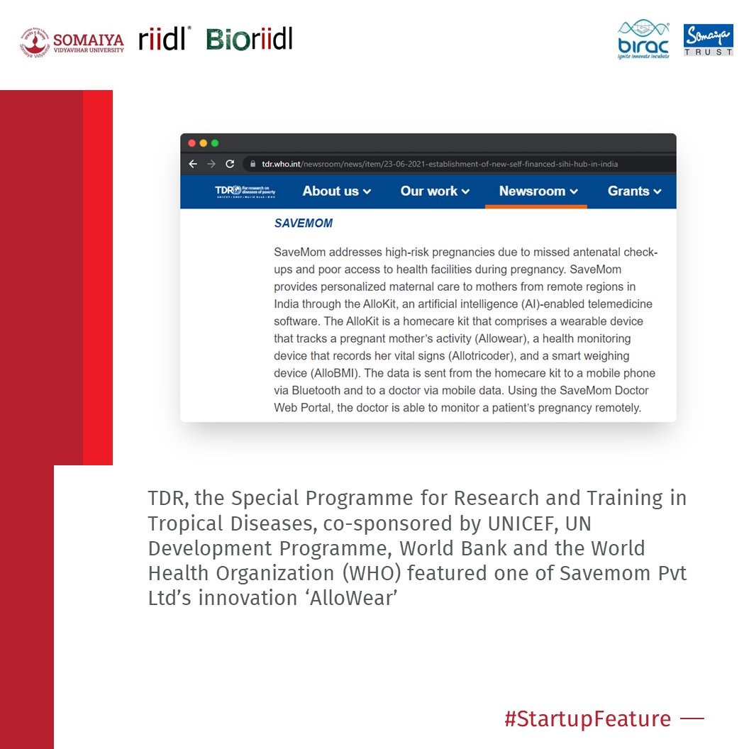 riidl's tweet photo. #riidl congratulates our #startup @jio_vio to get a feature by TDR, the Special Programme for Research &amp; Training in Tropical Diseases, co-sponsored by @UNICEF @UN Development Program, @WorldBank &amp; @WHO for one of their innovation ‘AlloWear’. Full article: https://t.co/wrY0vrvowW https://t.co/c04xKFUp9U