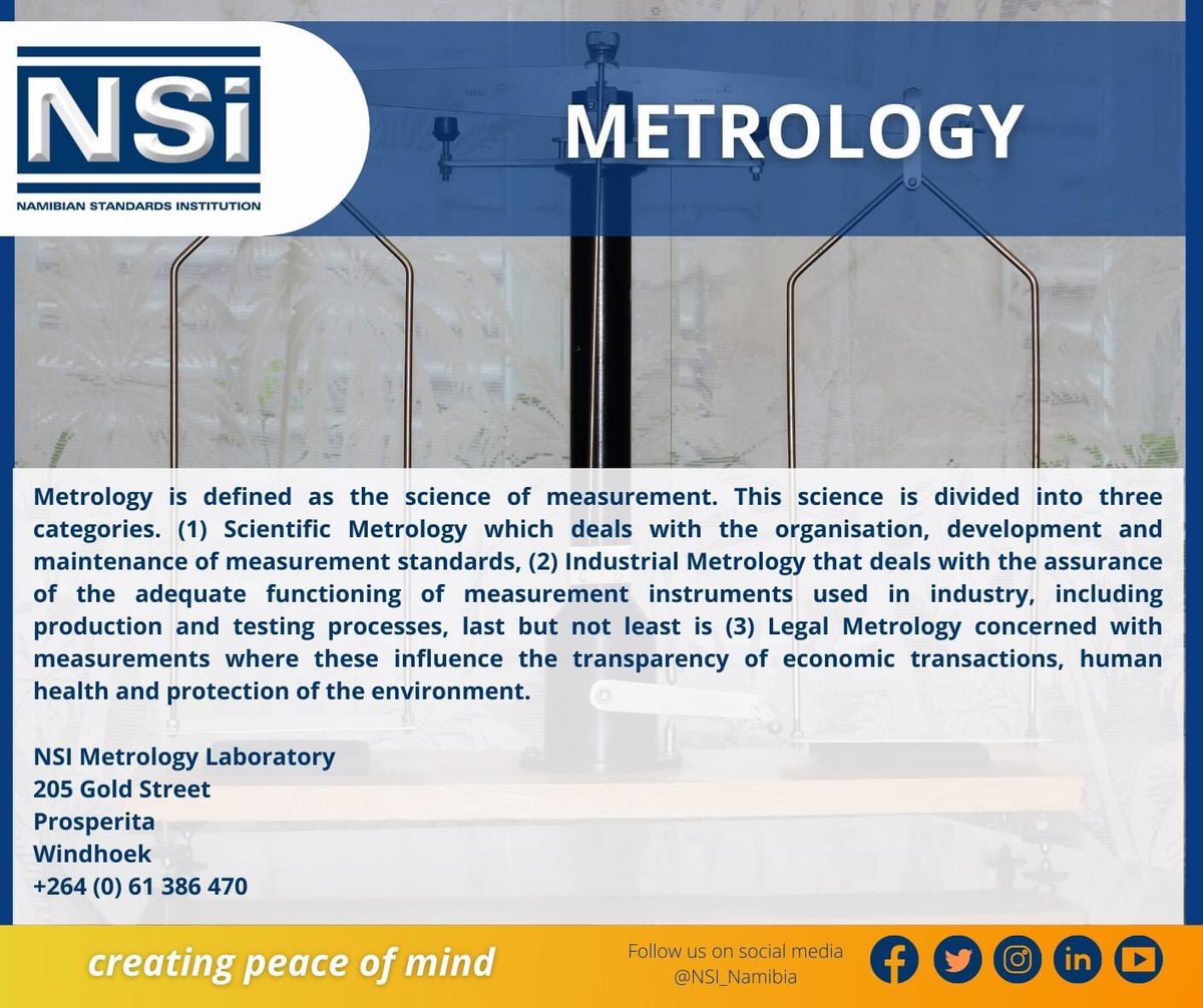 NSI_Namibia's tweet photo. NSI Metrology Laboratory
205 Gold Street
Prosperita
Windhoek
+264 (0) 61 386 470
#Metrology #ScienceOfMeasurement #ScientificMetrology #IndustrialMetrology #LegalMetrology https://t.co/4Qs6hLPRsD