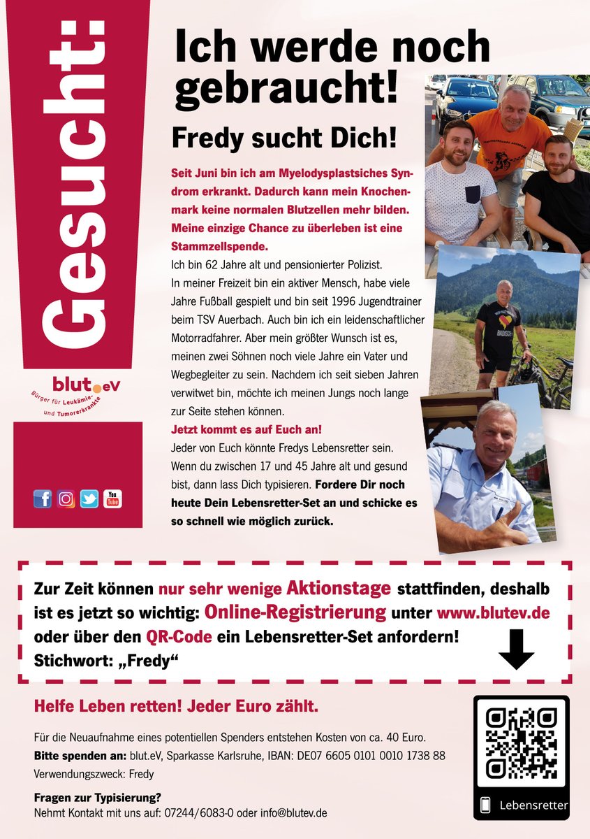 +++ Spender gesucht +++
⚠️  BITTE RETWEETEN ⚠️

Unser pensionierter Kollege, Fredy, ist seit Juni schwer erkrankt. Nun hofft er auf eine Stammzellenspende. Wir hoffen auf Ihre Unterstützung.

Weitere Informationen: sohub.io/vffa