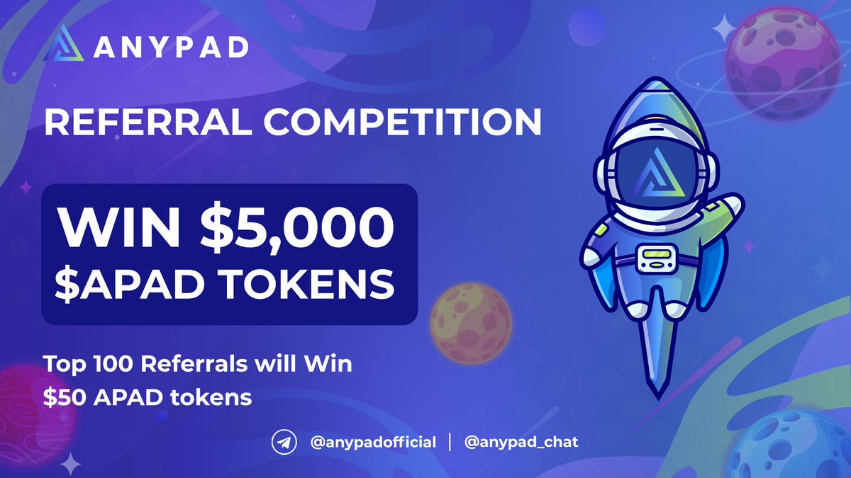 🚀 Airdrop: Anypad 💰 Value: $5,000 $APAD Tokens 👥 Referral: Top 100 recieve rewards 💸 Tokens: $50 $APAD each winner 🗞 News: Heco Chain, Bitcoin.com 📊 Project Market Cap - $92K 🏦 Distribution Date: 2weeks after TGE Airdrop Bot Link: t.me/airdrop_ninja_…
