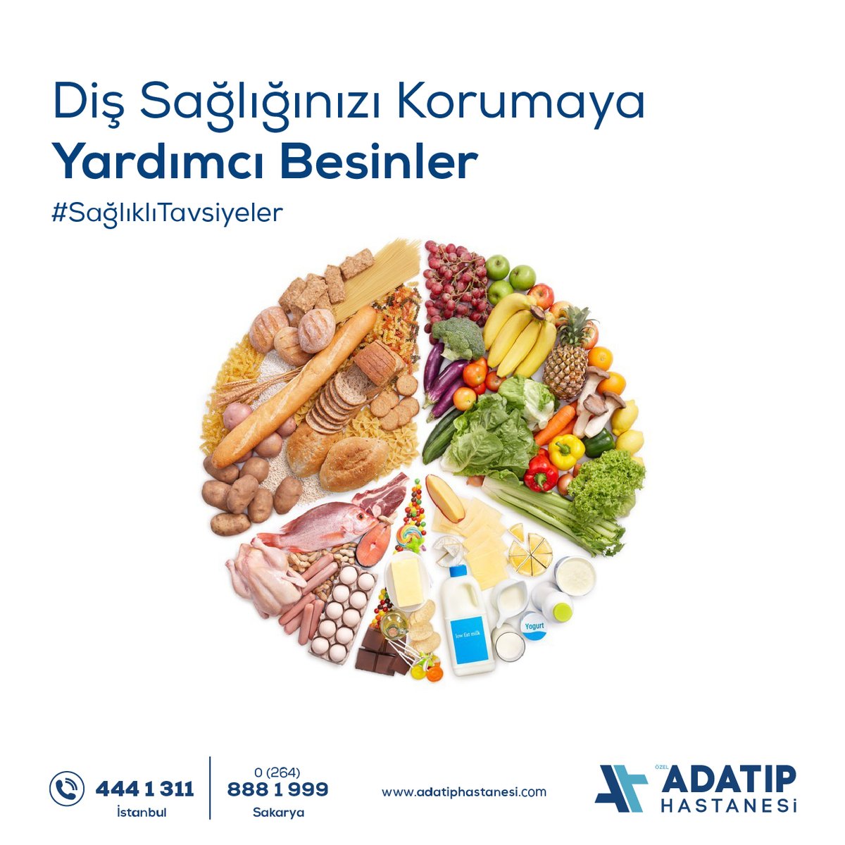 Diş sağlığınızı korumak ve çürüklere karşı gelmek için beslenmenizde; süt ve süt ürünleri, taze meyve-sebzeler, et, yumurta, balık ve baklagiller gibi yüksek kaliteli proteinler içeren besinlere yer verin, sağlıkla gülümsemeye devam edin.

#Adatıphastanesi #dişsağlığı