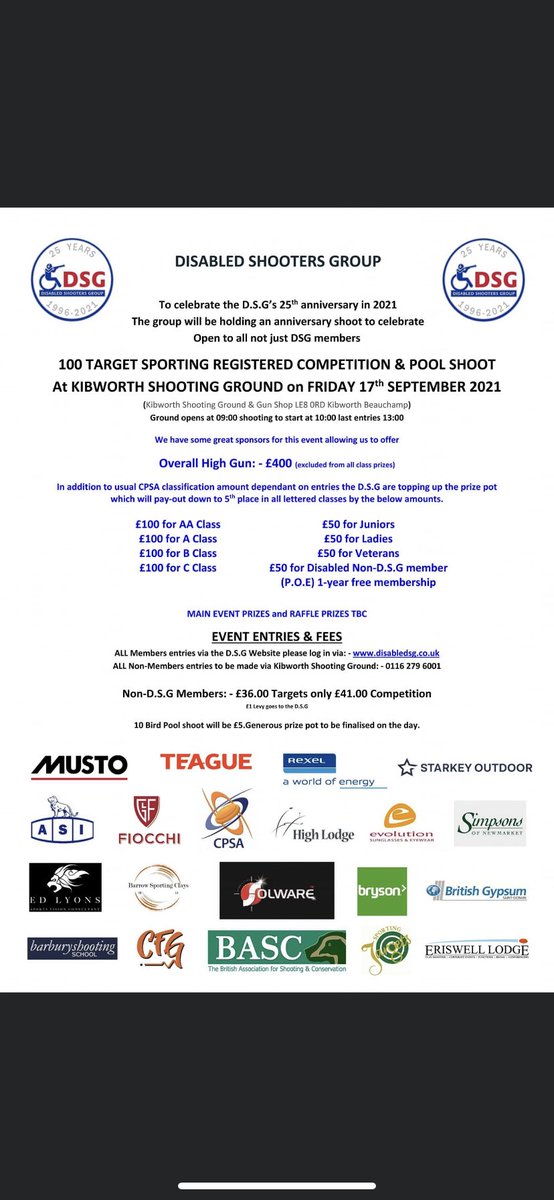 <a href="/disabledsg/">Disabled SG</a> <a href="/mustoclothing/">Musto Clothing</a> <a href="/CPSAuk/">CPSA</a> <a href="/BASCnews/">BASC</a> @BascLadies <a href="/BASCcentral/">BASC Central</a> <a href="/teaguechokes/">Teague Chokes</a> <a href="/Rexel_Group/">Rexel</a> <a href="/StarkeyHeadsets/">Starkey Headsets</a> <a href="/Fiocchiuk/">FIOCCHI TEAM</a> <a href="/HighLodgeSS/">High Lodge Leisure</a> <a href="/CustomFitGuards/">Custom Fit Guards</a> <a href="/solwareltd/">Solware Ltd</a> <a href="/BarburyShooting/">Barbury Shooting</a> <a href="/eriswell_lodge/">Eriswell Lodge Ltd</a> <a href="/SportingTargets/">Sporting Targets Ltd</a> <a href="/britishgypsum/">British Gypsum</a> please RT and thank you for everyone’s support!