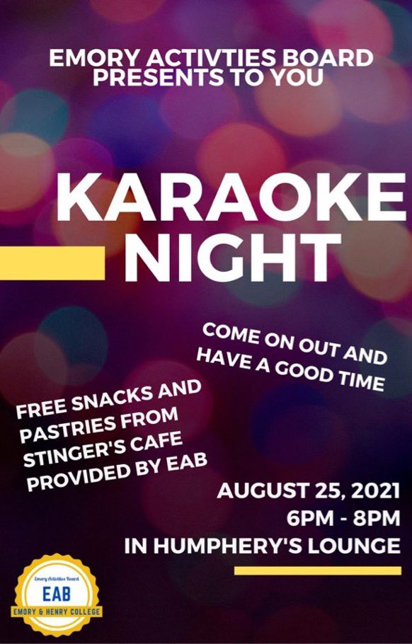 EmoryActivities's tweet image. Come on out to Humphery’s Lounge this Wednesday August 25th from 6pm-8pm for karaoke night! EAB will be providing free snacks and pastries from Stinger’s! We hope to see you there!