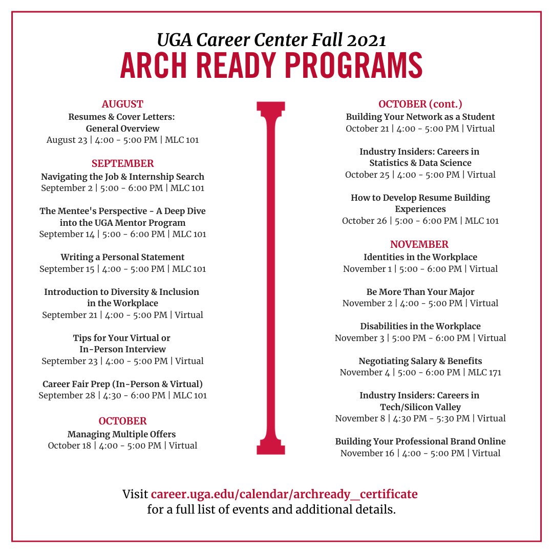 UGACareerCenter's tweet photo. At the #UGA Career Center, we want to make sure that every student is ready to succeed once they leave campus. Being "Arch Ready" means being prepared for life after graduation. 🐶🎓 Mark your calendars for our fall #ArchReady programs: https://t.co/dBltw7SBZo https://t.co/VYKPTZkiQA