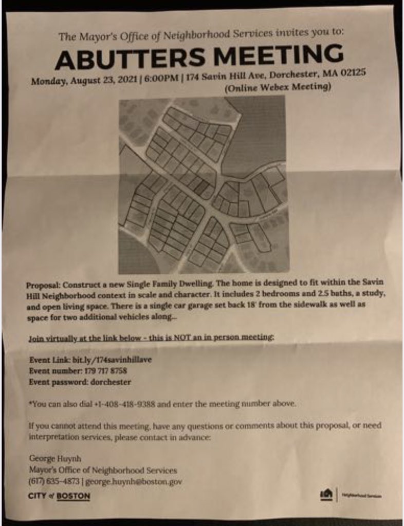 CSHCivicAssoc's tweet photo. Abutters meeting tonight at 6pm for proposed project at 174 Savin Hill Ave. Join the virtual meeting: https://t.co/aUf12N9VTj Event number: 179 717 8758 Password: dorchester #CSHCA https://t.co/RYkJ77jfgi