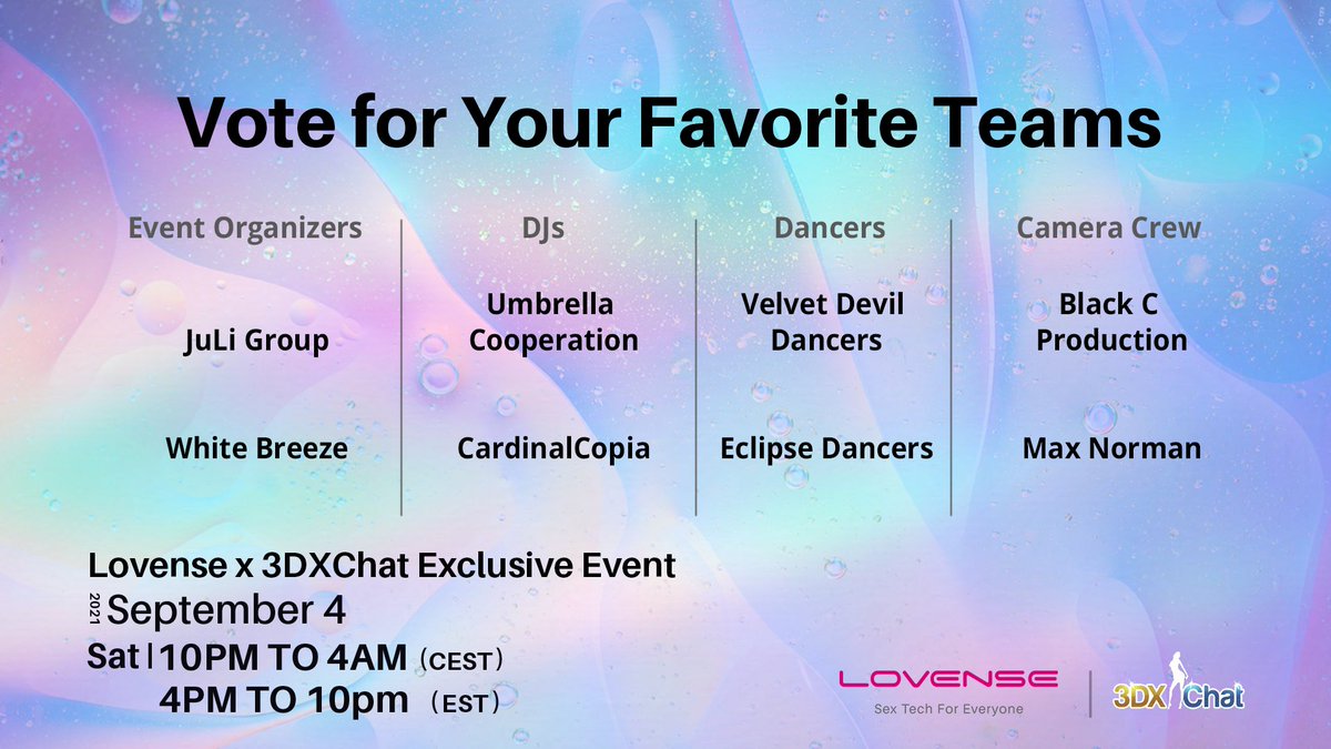 Vote for DRX DJ's to perform at the next <a href="/Lovense/">LovenseOfficial</a> party on <a href="/3dxchat/">3DXChat</a> !!! We have an amazing group of DJ's (listed as CardinalCopia but will be changed to DRX/DigitalRX soon!) that want to play amazing tunes for you at this party!! discord.com/channels/85282…
#lovense #3dxchat #drxdjs