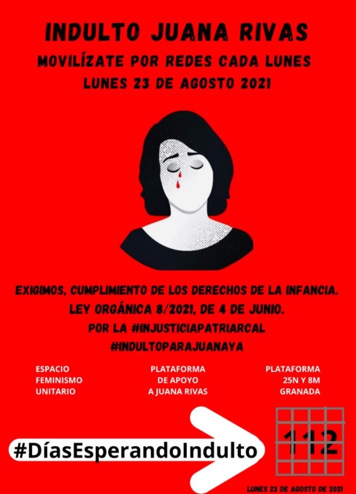 25n8m's tweet photo. NI UN DÍA, NI UN MINUTO DEBERÍA PASAR UNA MUJER EN LA CÁRCEL POR PROTEGER A SUS HIJOS DEL MALTRATO
#IndultoAJuanaYa
#SusHijosEnPeligro
#InhabilitacionJuezPíñar
#NiñosDesprotegidos
#StopSAP
@sanchezcastejon @pilar_llop
@IreneMontero
@ionebelarra
https://t.co/DfiCjnUogd https://t.co/r6Usw27ZVd