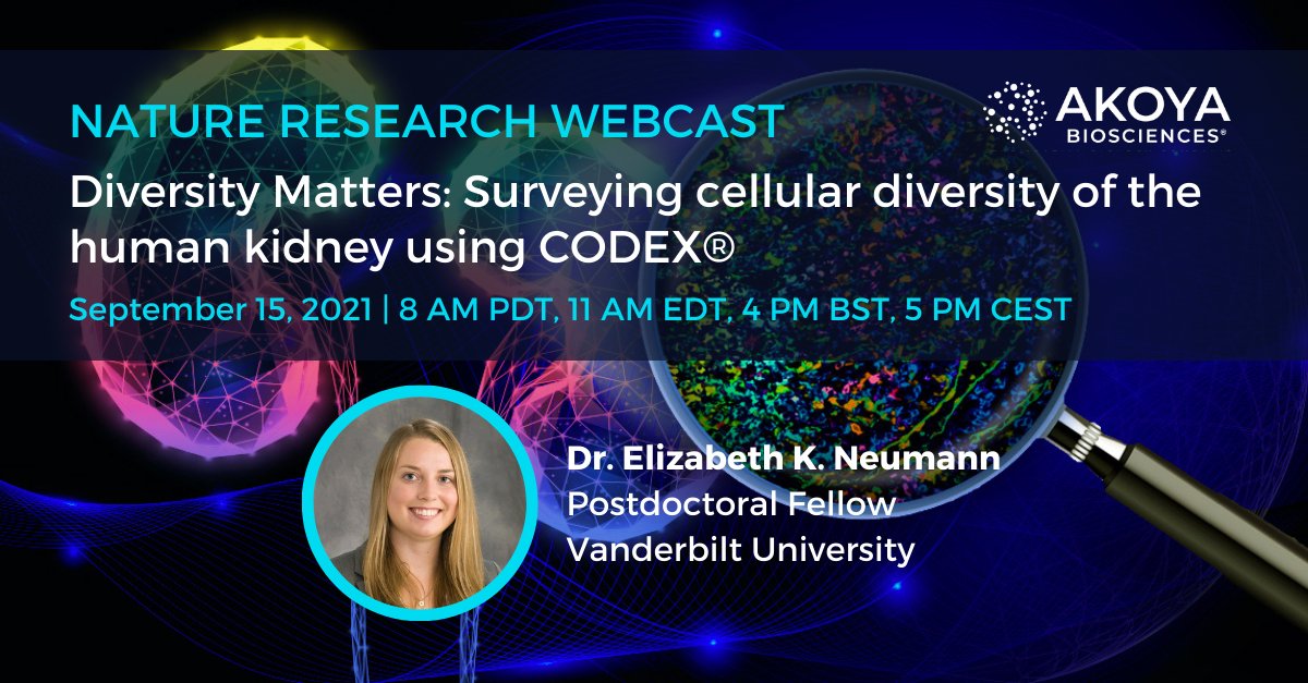 Akoya Biosciences (@akoyabio) on Twitter photo Join us for this <a href="/Nature/">nature</a> Research webcast to hear <a href="/DrE_Neumann/">Dr. Elizabeth K Neumann</a> of <a href="/VanderbiltU/">Vanderbilt University</a> describe harnessing the power of #CODEX #multiplexed IF for surveying the cellular diversity of the human #kidney.
Reserve your seat: bit.ly/3ARKJaf
#spatialbiology #singlecell Join us for this <a href="/Nature/">nature</a> Research webcast to hear <a href="/DrE_Neumann/">Dr. Elizabeth K Neumann</a> of <a href="/VanderbiltU/">Vanderbilt University</a> describe harnessing the power of #CODEX #multiplexed IF for surveying the cellular diversity of the human #kidney.
Reserve your seat: bit.ly/3ARKJaf
#spatialbiology #singlecell