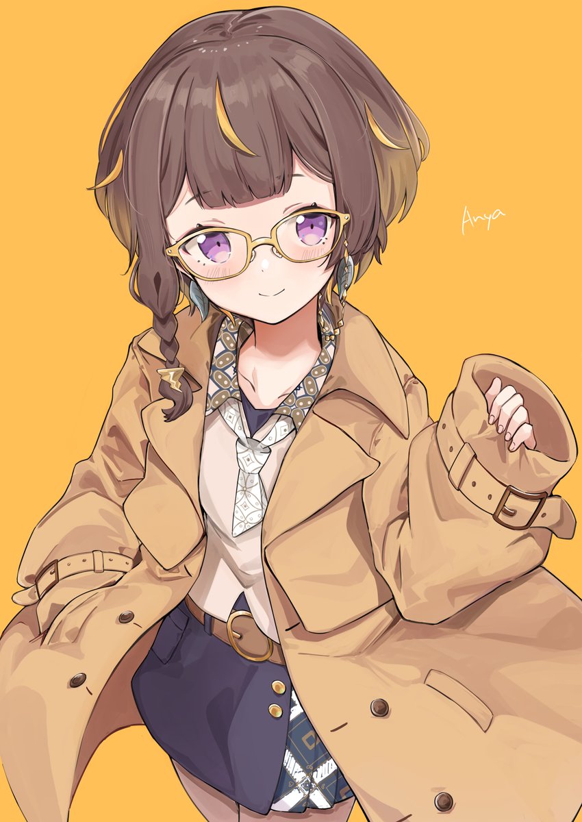 1girl solo purple eyes glasses brown hair smile braid  illustration images