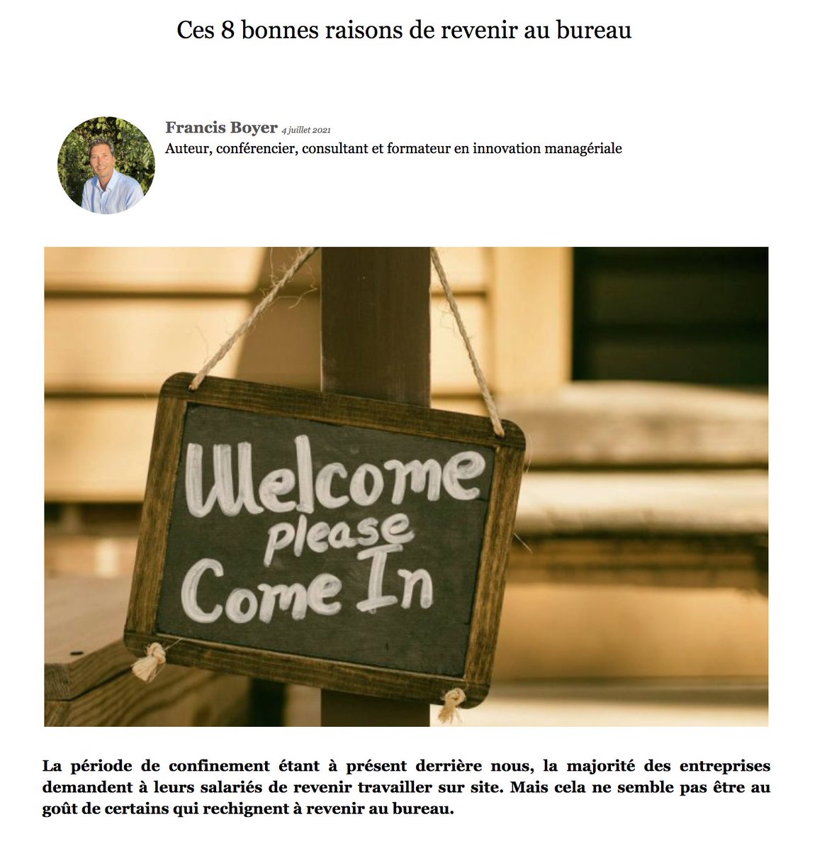 Une reflexion intéressante sur les avantages du retour au bureau versus un télétravail 5 jours sur 5.

- Partager les énergies (le corps)
- Partager des émotions (le coeur)
- Partager des avis, des idées (le cerveau)

#Télétravail #QVT 
 
A lire : bit.ly/3B2hBgI