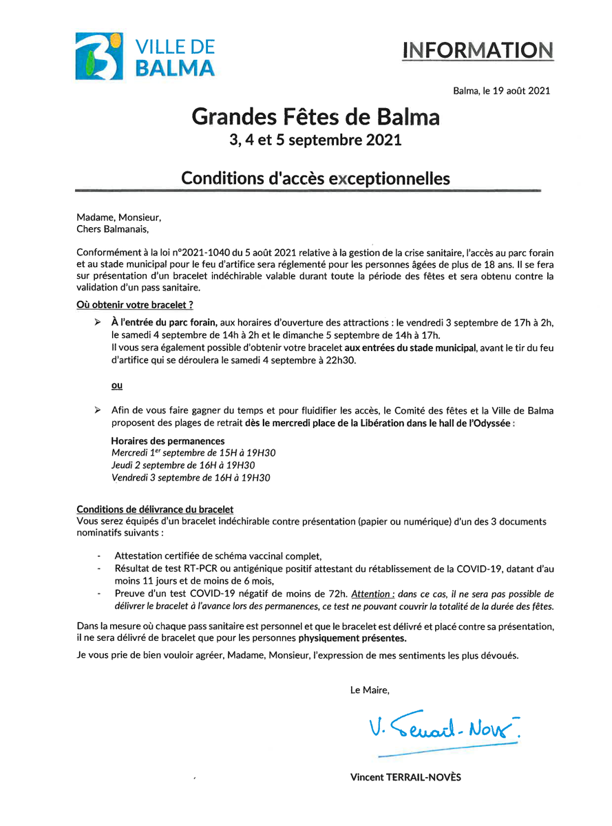 VilleBalma's tweet photo. ‼️ Conditions d'accès exceptionnelles ‼️

Conformément aux mesures mises en place par le Gouvernement, les conditions d'accès aux Grandes Fêtes de Balma se feront sur présentation du pass sanitaire. La Ville met en place un système de bracelet pour fluidifier les accès. Infos ⤵️ https://t.co/34Wj5o6PiK