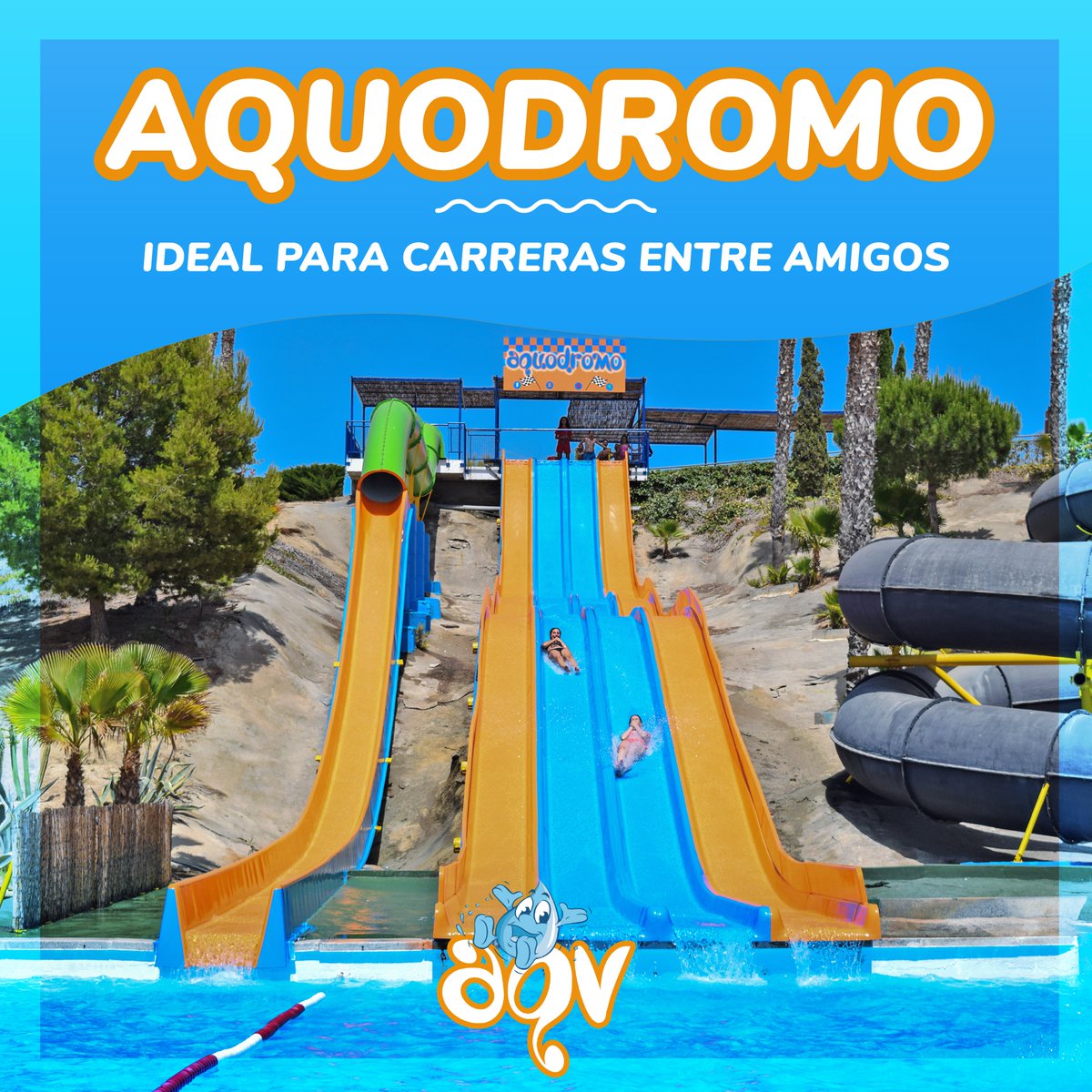 Nuestro Aquodromo, es una de nuestras atracciones favortias. Un tobogán de 4 pistas ideal para desafiar a tu familia y amigos a una trepidante carrera.  😎💙
