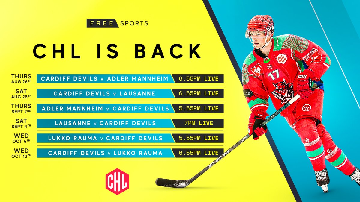 FreeSports_TV's tweet image. 🏒 #ChampionsHockeyLeague is back this week 🤩

📺 You can watch all 6 @cardiffdevils group games live on FreeSports, starting this Thursday at 6.55pm with their opener against DEL side Adler Mannheim!