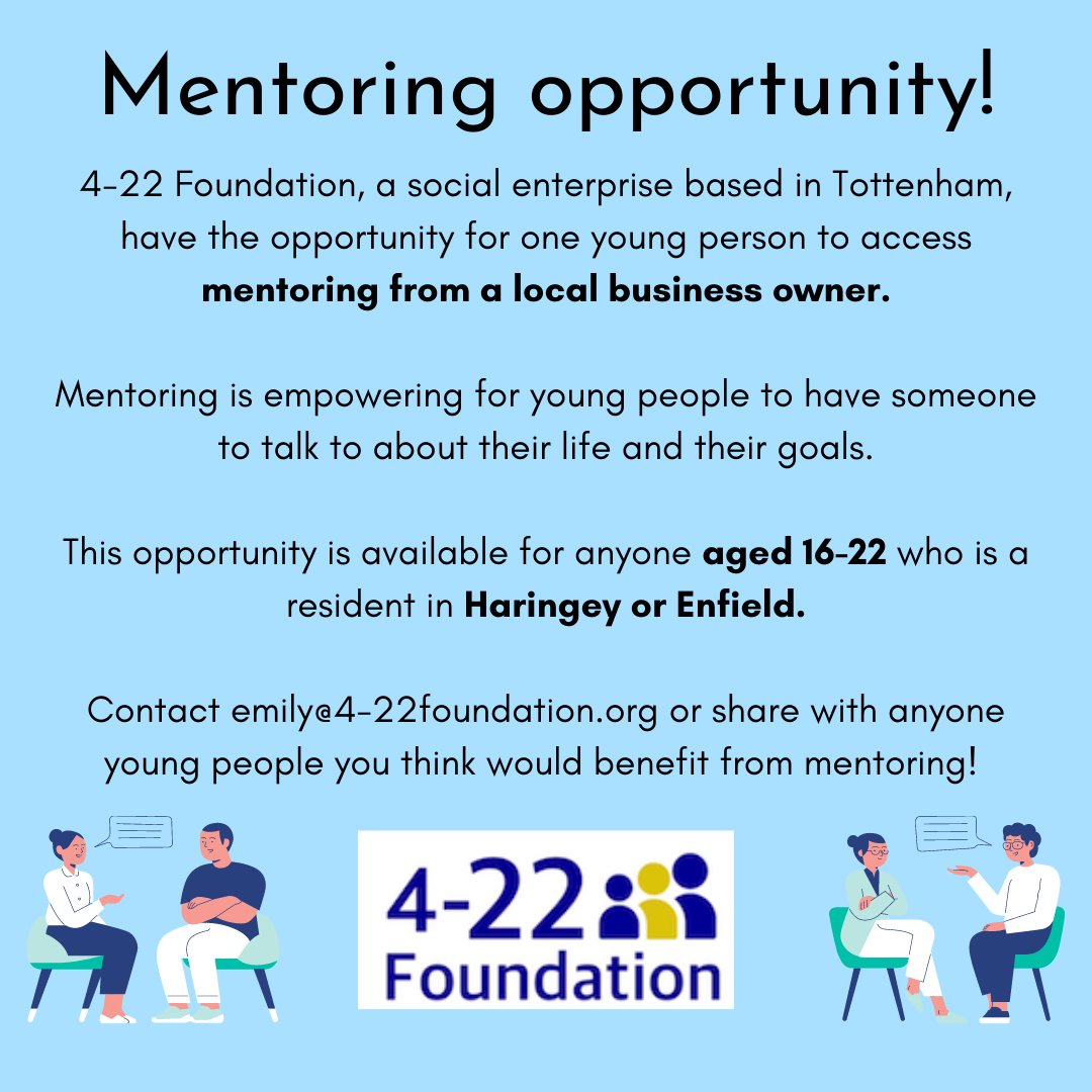 Do you know anyone who could benefit from having a mentor? Get in touch with us! 

One of our mentors is keen to build a relationship with a young person in their late teens.

#mentoring #youngpeople #community #tottenham