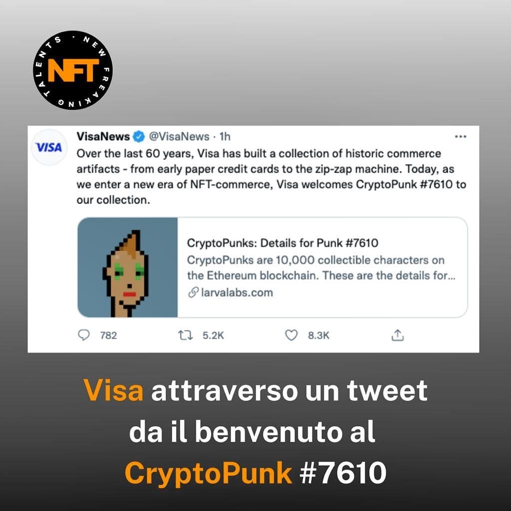nft_so_fi's tweet photo. Negli ultimi 60 anni, Visa ha costruito una collezione di manufatti del commercio, dalle prime carte di credito alla macchina zip-zap.Oggi, Visa dà il benvenuto a CryptoPunk#7610 nella sua collezione. https://t.co/hAd806tzRo https://t.co/2xF1QfEOfg