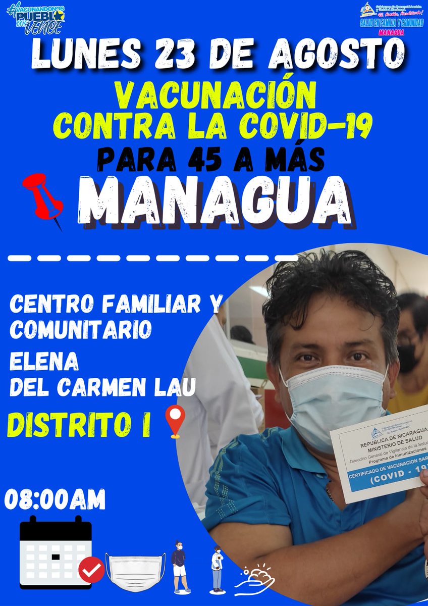 #NICARAGUA 
#JuntosVenceremos
A LOS DE 45 A VACUNARNOS NO ESPEREMOS MÁS ENTRE MÁS VACUNAS TENGAMOS MENOS NOS ATACA EL COVID-19 Y ES GRATIS SÓLO CON ÉL SANDINISMO NO MÁS.