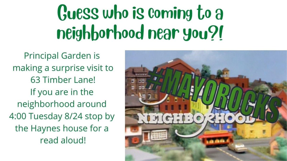 PrincipalGarden's tweet photo. If you are in the neighborhood of Timber Lane Tuesday at 4…come listen to a story read by Principal Garden.  Wonder where she will show up next?! #mayorocks https://t.co/2qyhfhNp6p