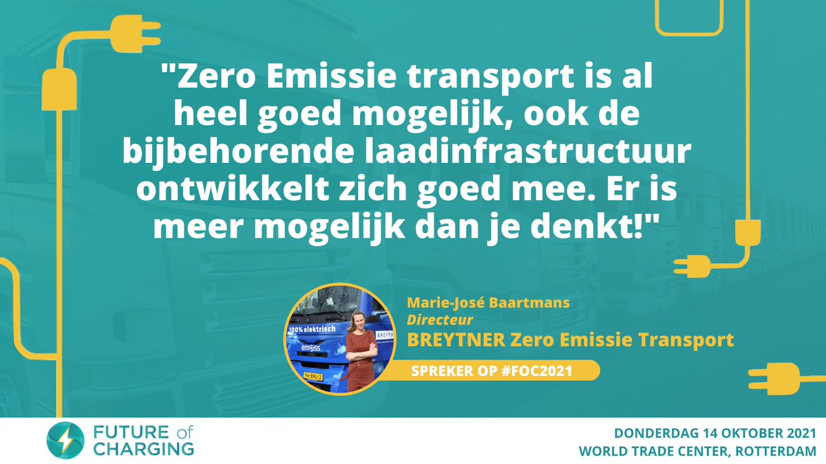 Op #FOC2021 deelt Marie-Jose Baartmans van <a href="/breytnerzero/">BREYTNER Transport</a> praktisch opgedane kennis van o.a. het laden van elektrische voertuigen met AC over night chargers en (mobiele) snelladers. Registreer nu (Early Birds t/m 31 augustus): foc2021.com #zeroemissie #stadslogistiek