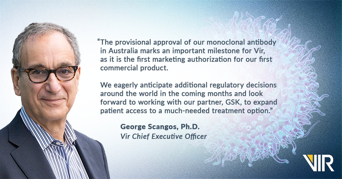 Vir_Biotech's tweet image. #BREAKING Today, Vir announced the first marketing authorization for our first commercial product, with provisional approval of our monoclonal antibody for the early treatment of #COVID19 in Australia.

Read more: bit.ly/3sGrwpb