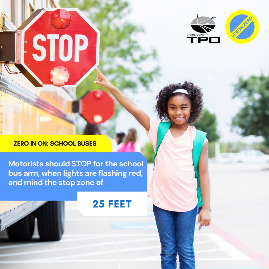 SpaceCoastTPO's tweet photo. School is in session! Be aware of children that may be entering or exiting a school bus. Maintain a safe stop distance of 25 feet on all sides of the bus. Drive carefully and STOP for school buses when the arm is raised and red lights are flashing. #BackToSchoolSafety https://t.co/oCDvxK3FqF