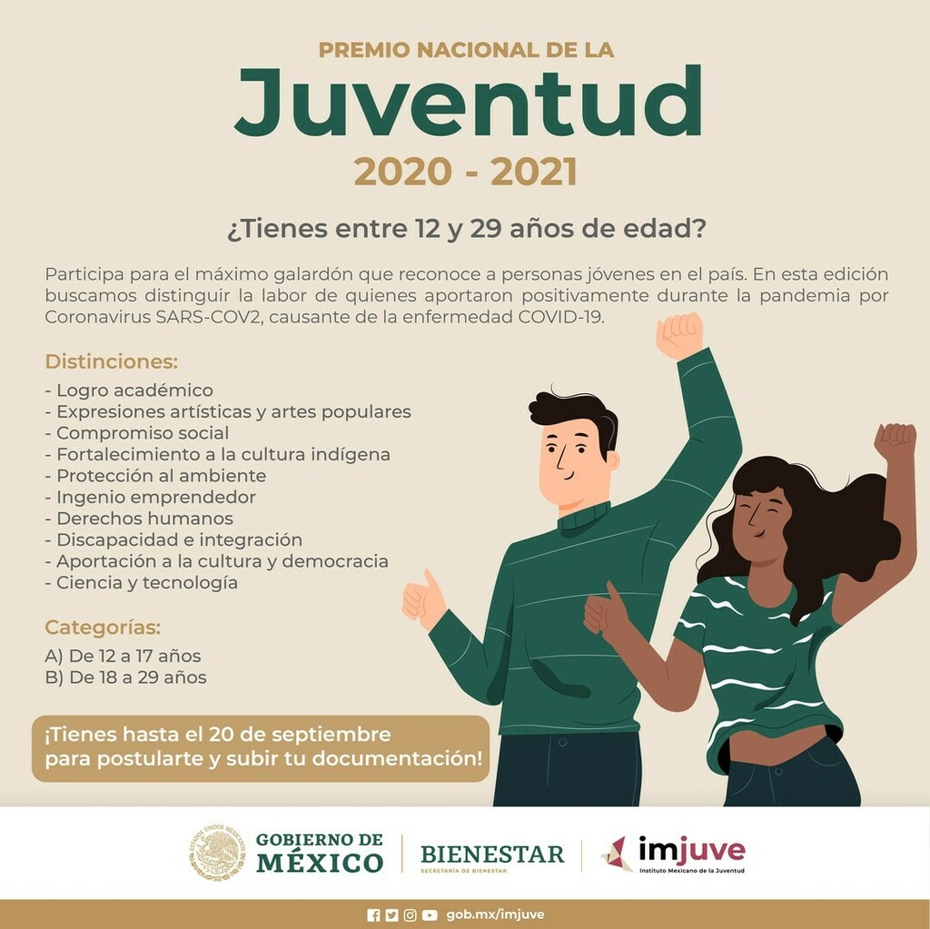 Queremos reconocer la resiliencia de las juventudes durante la pandemia por coronavirus SARS-COV2, causante de la enfermedad #COVID19. 

Participa en la máxima distinción a las #Juventudes del país, el PREMIO NACIONAL DE LA JUVENTUD.

Existen dos categor… instagr.am/p/CS6mhyprAlK/