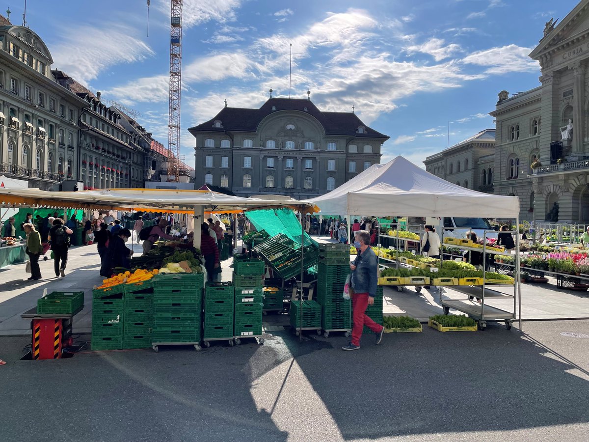 "Urlaubsfoto I": Markt vor der Schweizerischen Nationalbank. Warum? Weil es zeigt, dass sie Teil der Öffentlichkeit ist. Man versuche das vor der Grossmarkthalle in Frankfurt! Wieso? Weil sich dort die Europäische Zentralbank verbarrikadiert und nicht Teil der Öffentlichkeit ist.